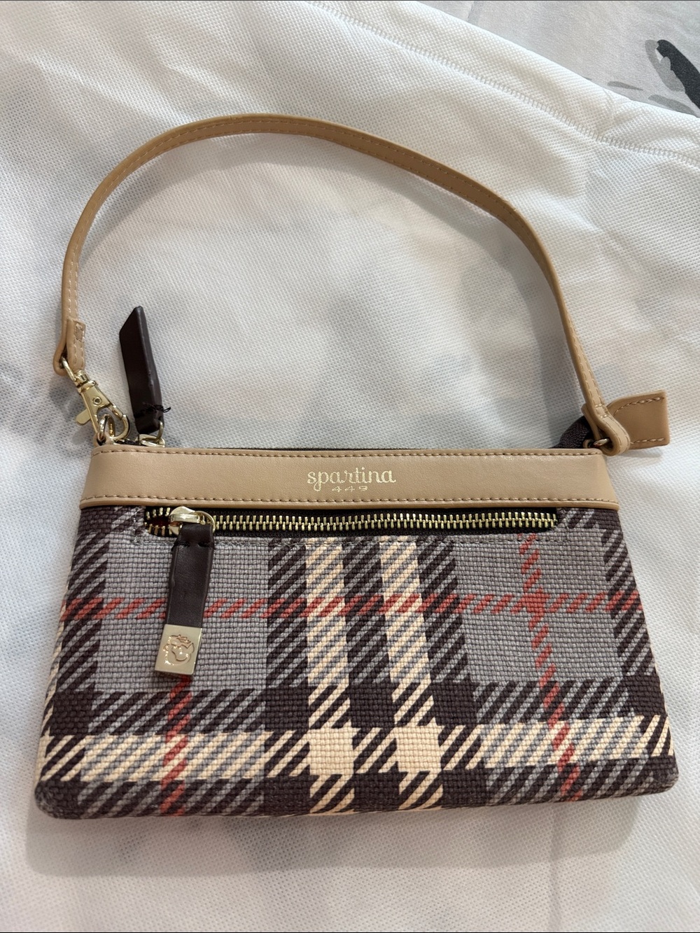 Spartina 449 Plaid Wristlet in Brown, Tan & Cream with Orange Accents